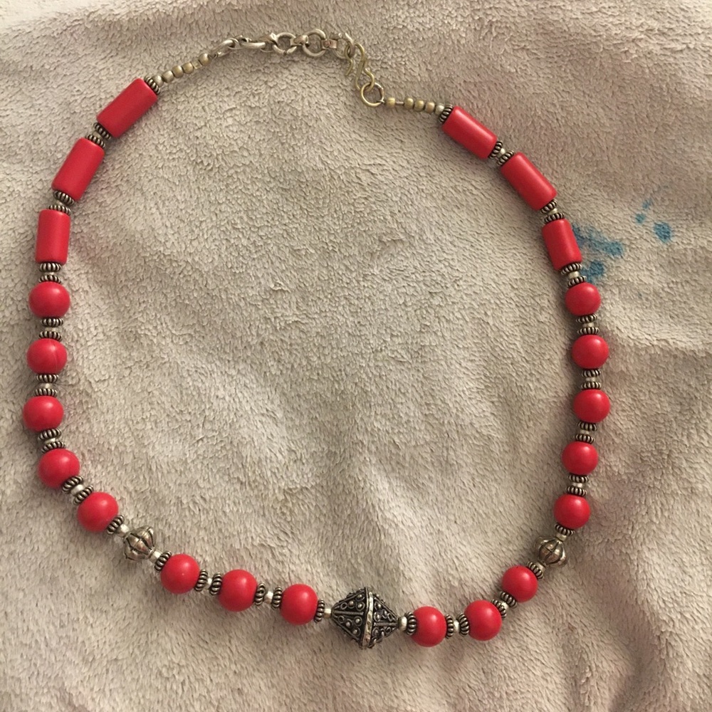 Vintage Coral & Silver Plated Bead Necklace